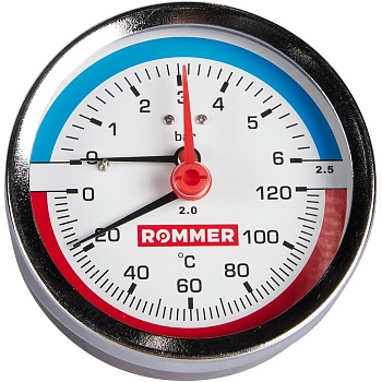 Термоманометр радиальный ROMMER с запорным клапаном 80 мм, 1/2